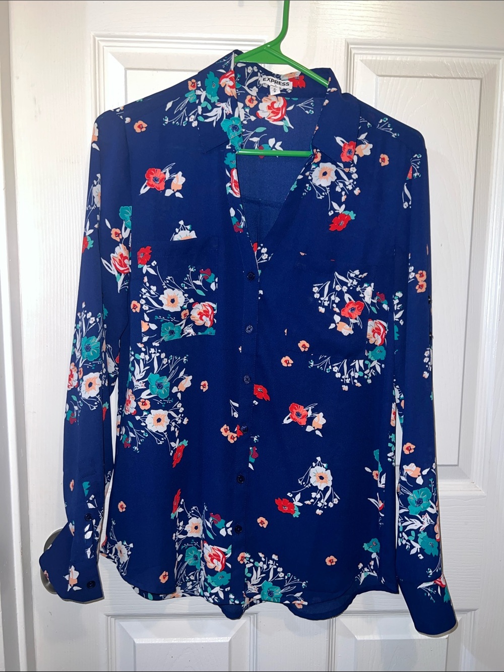 Express Navy Floral Button-Front Blouse